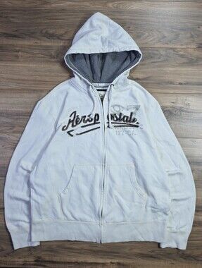 Aéropostale Zip-Up Hoodie Thermal Lined XXL Oversized White Embroidered Logo Y2K